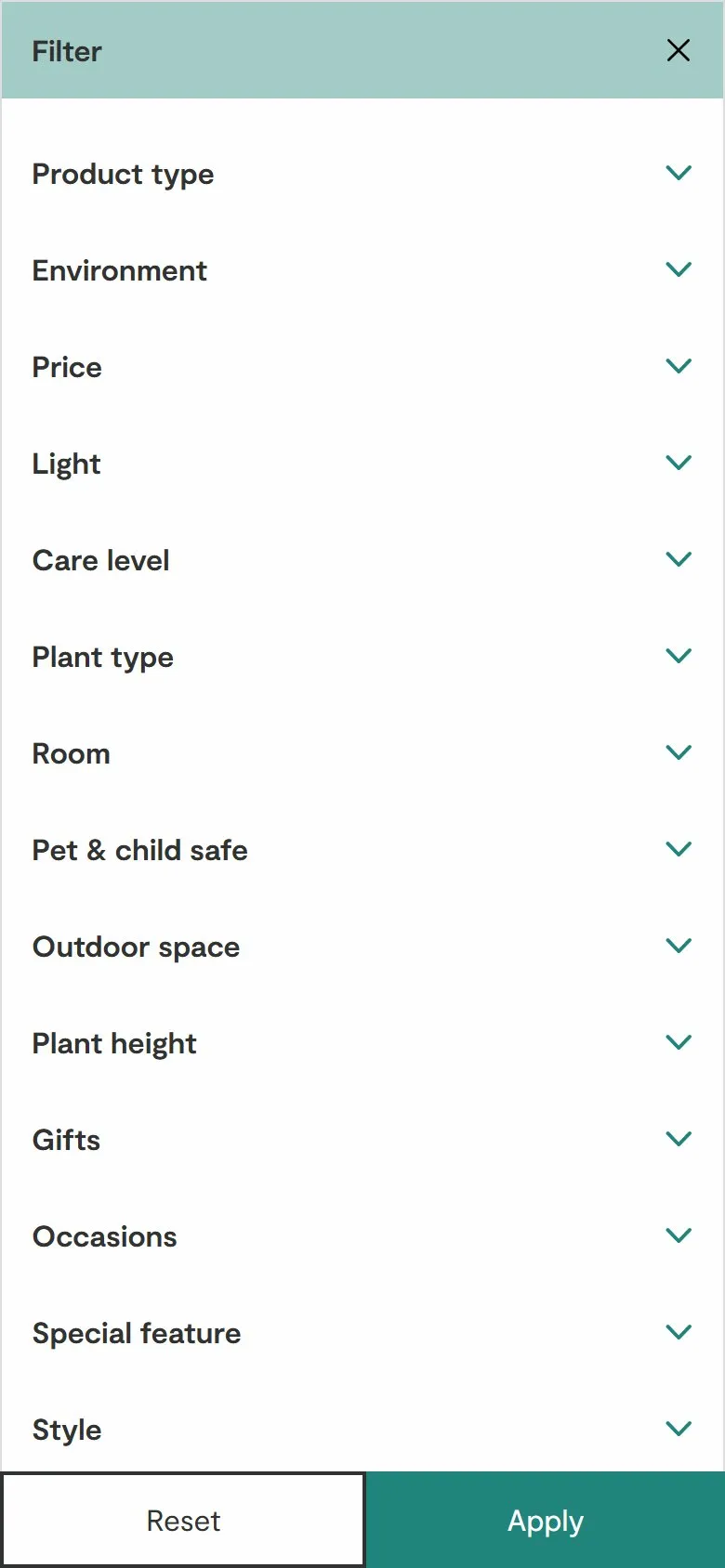 Patch collection page, mobile screenshot: Filters for pet safety, light and care level, with trust and shortcuts above the grid