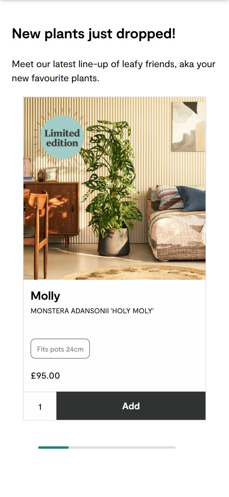 Patch homepage, mobile screenshot: Product cards that tell you the pot size and add to bag from the grid