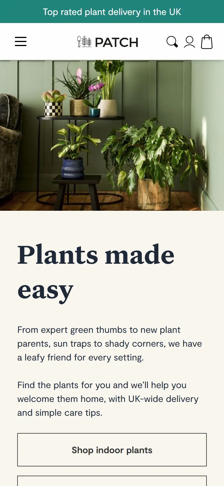 Patch homepage, mobile screenshot: A one-line promise with three plain ways into the range