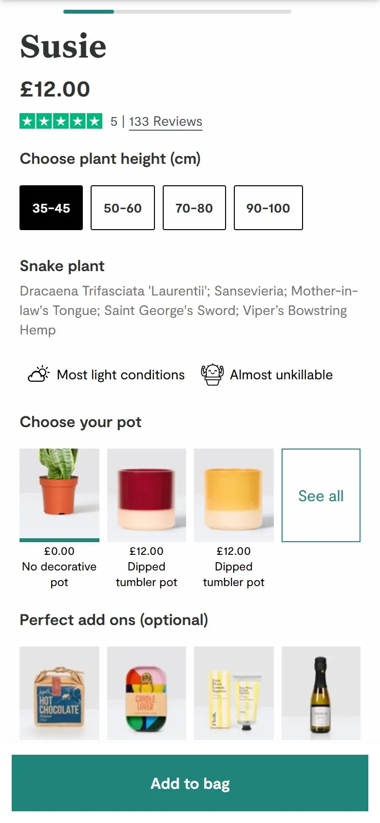 Patch product page, mobile screenshot: A pot sized to the plant you've picked, plus optional gift add-ons, before Add to bag