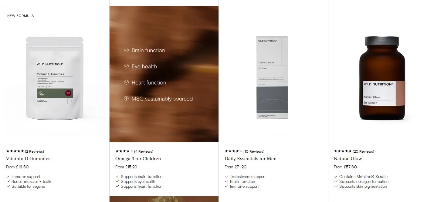 Wild Nutrition collection page, desktop screenshot: Product card hover images that list the benefits
