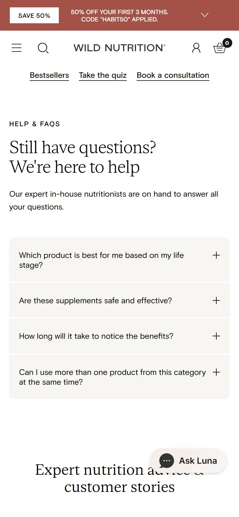 Wild Nutrition collection page, mobile screenshot: Collection FAQs and blog articles under the product grid