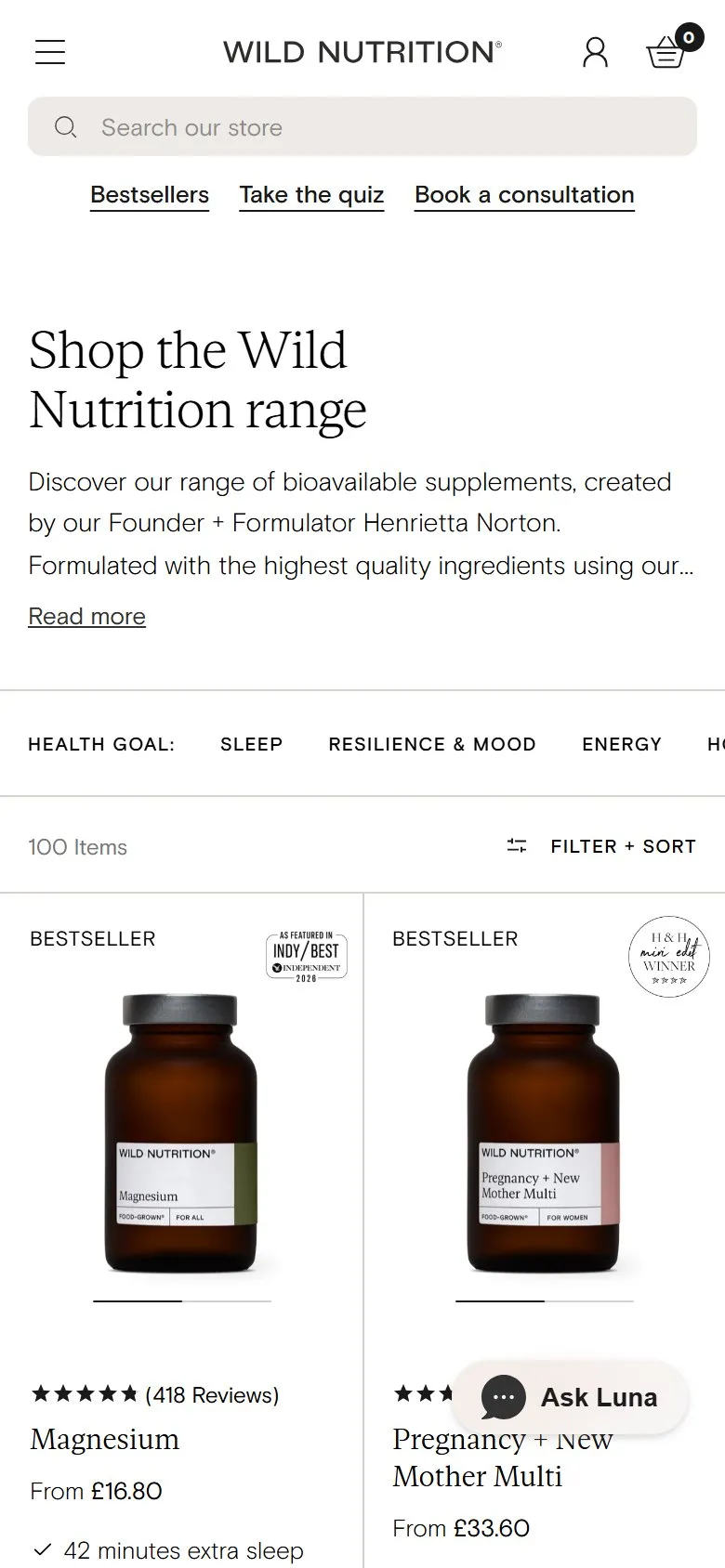 Wild Nutrition collection page, mobile screenshot: Collection links by customer goal, not product type