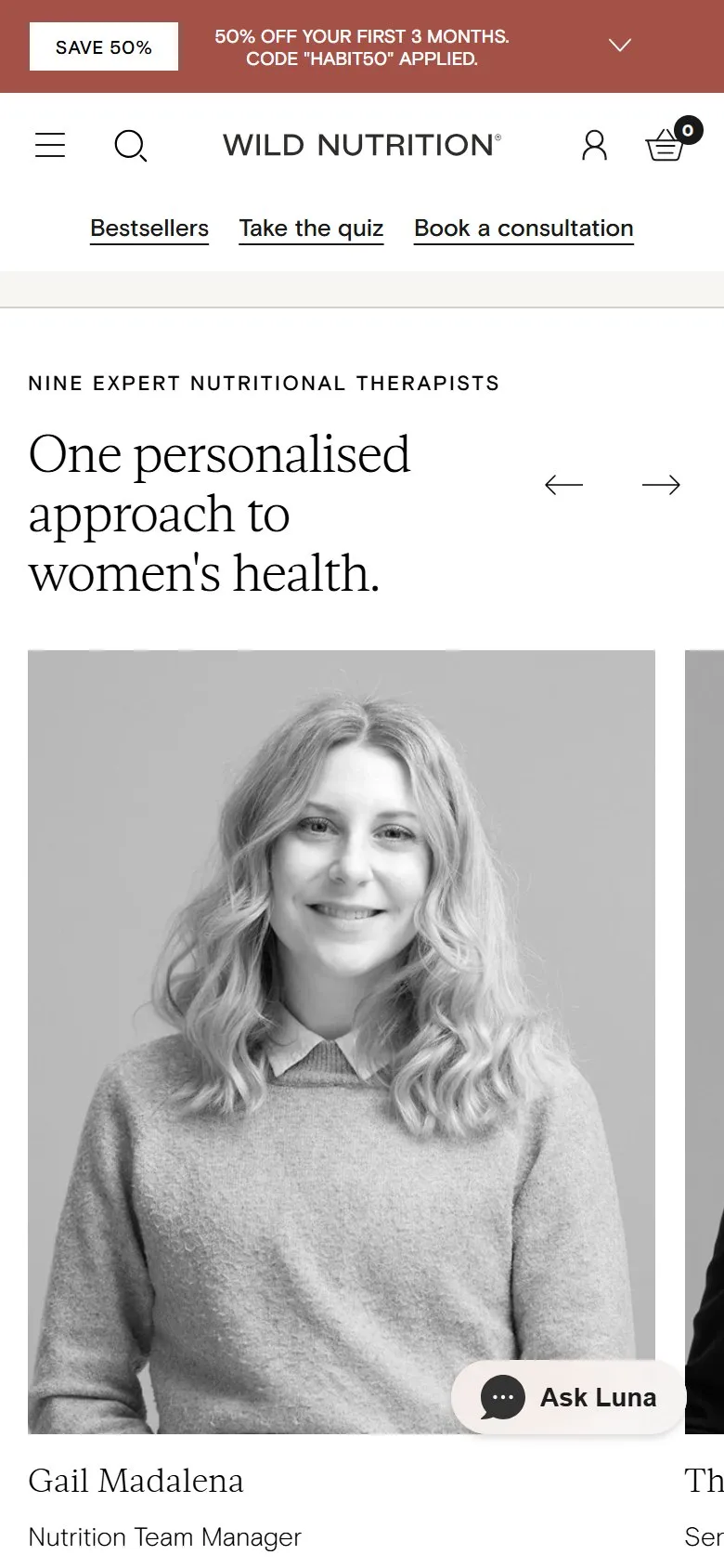 Wild Nutrition homepage, mobile screenshot: Real, named experts featured on the homepage