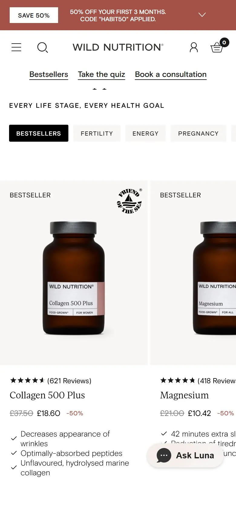 Wild Nutrition homepage, mobile screenshot: Homepage bestsellers you can filter by customer goal