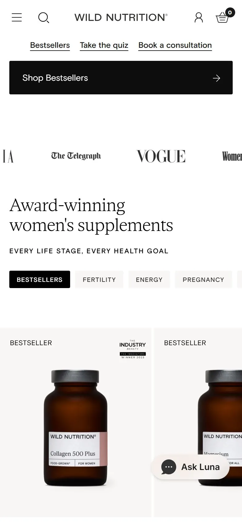 Wild Nutrition homepage, mobile screenshot: Press logos straight under the homepage hero