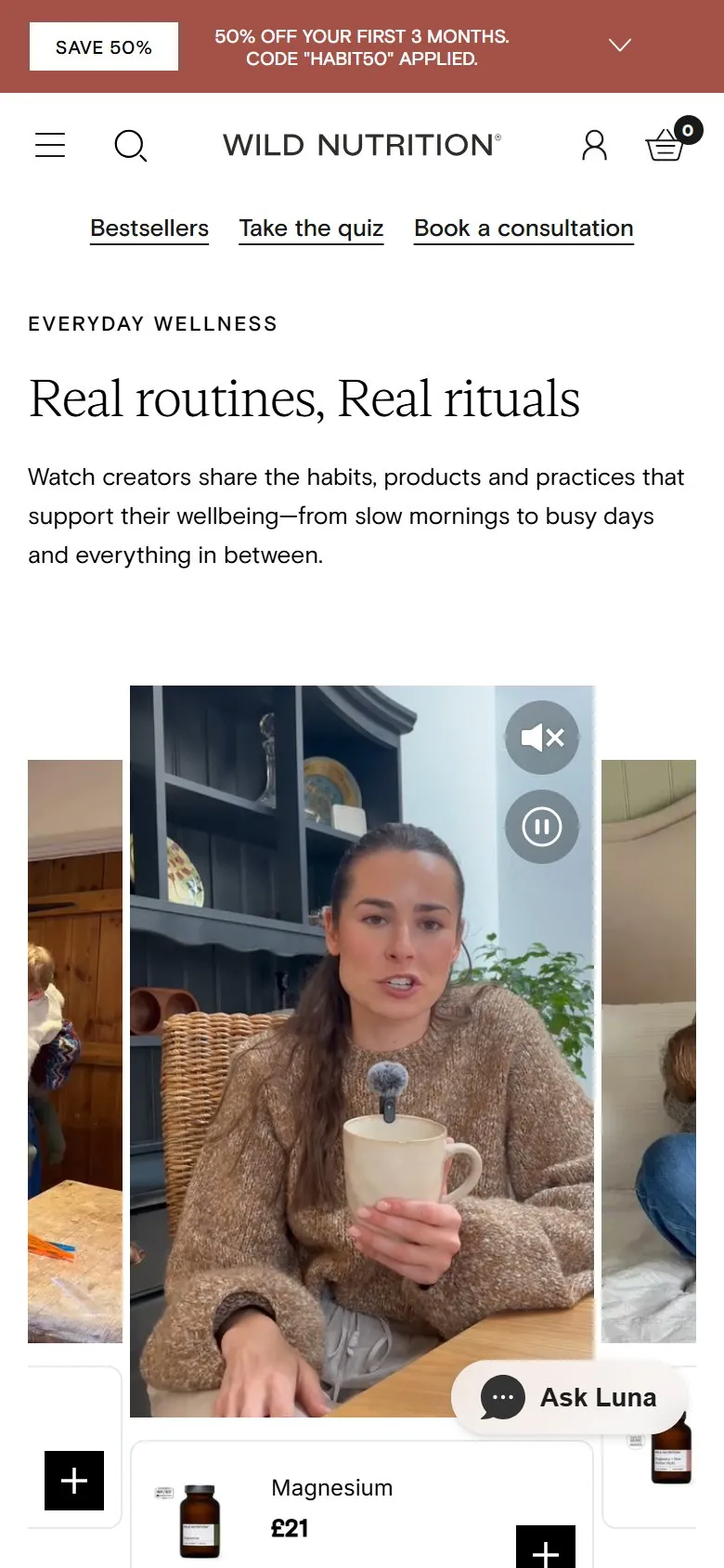 Wild Nutrition homepage, mobile screenshot: Shoppable videos with add to basket buttons