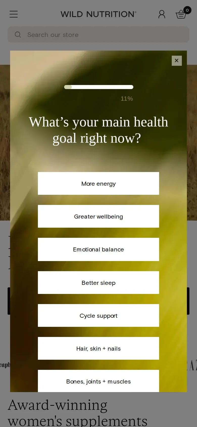 Wild Nutrition homepage, mobile screenshot: A quiz pop-up shown to everyone after 23 seconds
