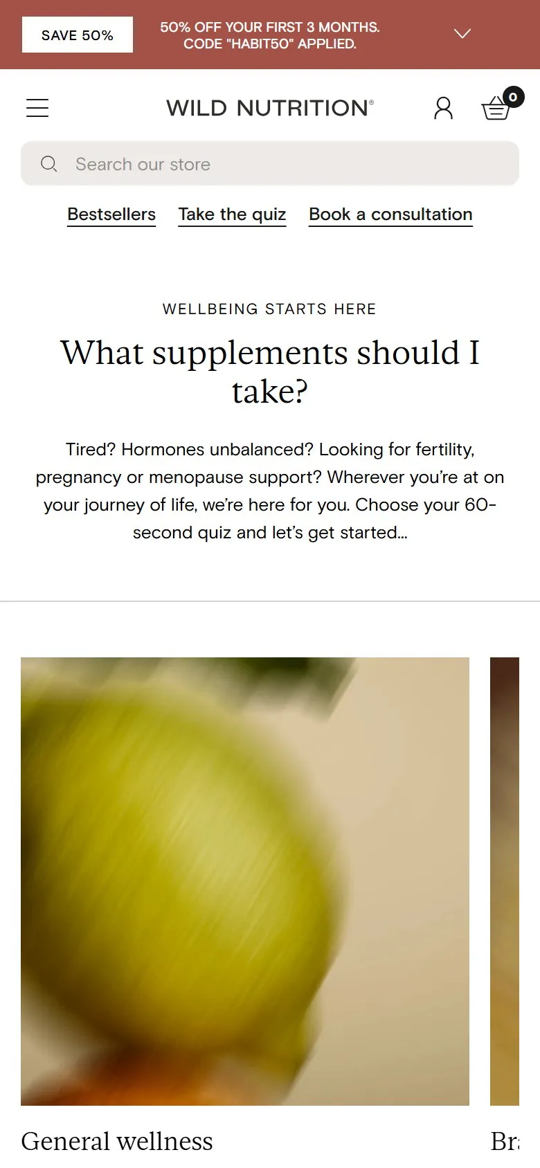Wild Nutrition navigation, mobile screenshot: A product quiz link in the main navigation