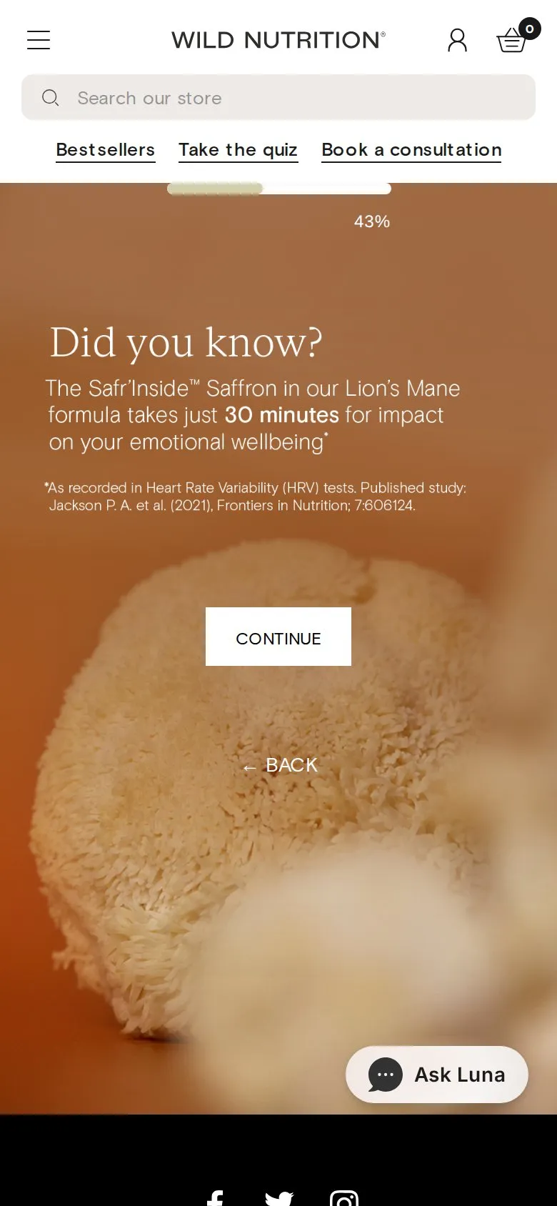 Wild Nutrition quiz, mobile screenshot: A fact with a cited source halfway through the quiz