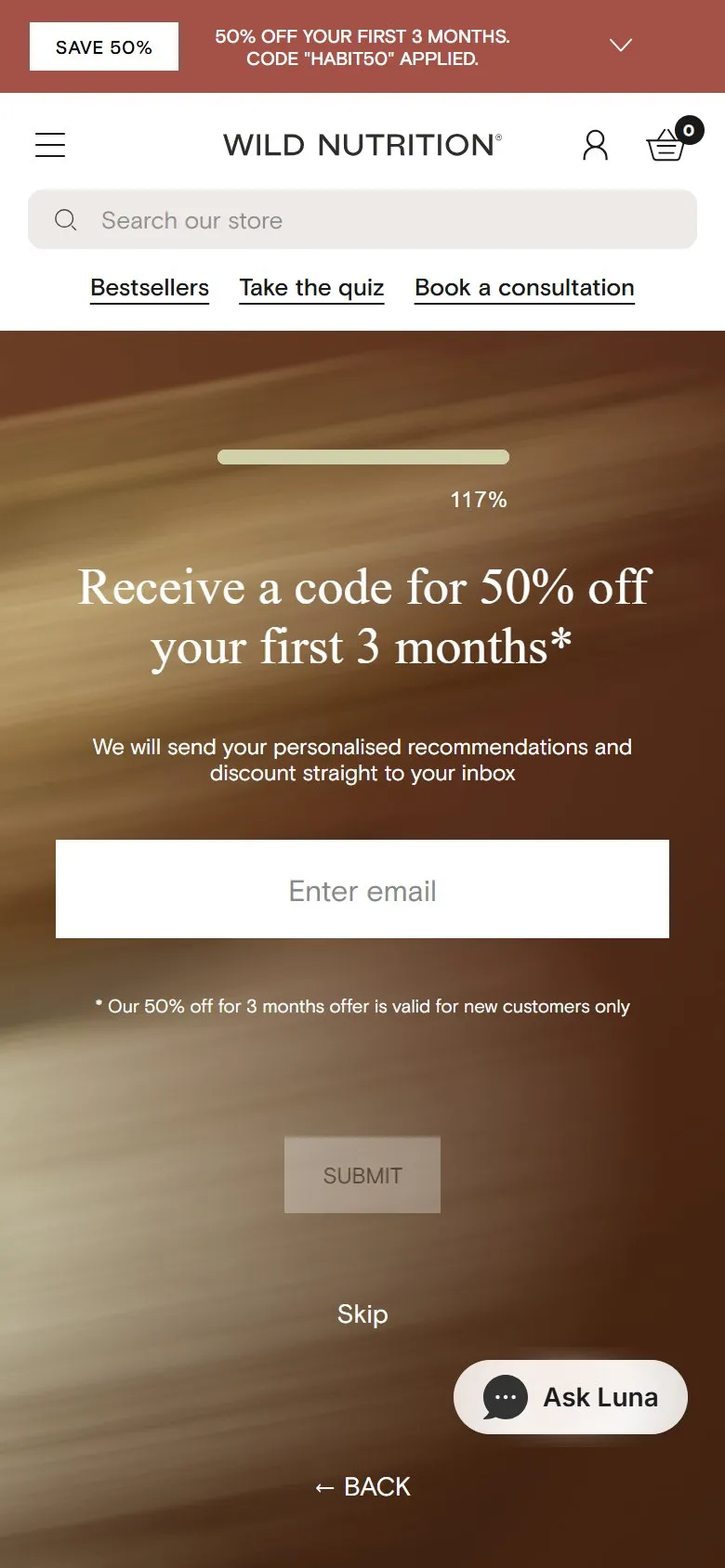 Wild Nutrition quiz, mobile screenshot: An optional email sign-up at the end of the quiz