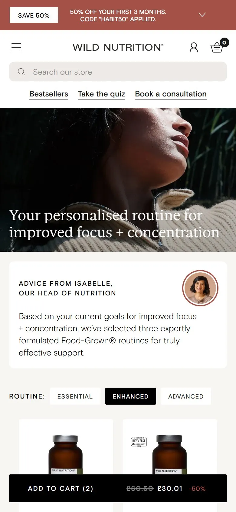 Wild Nutrition quiz, mobile screenshot: Quiz results as a personal routine, added to basket in one click
