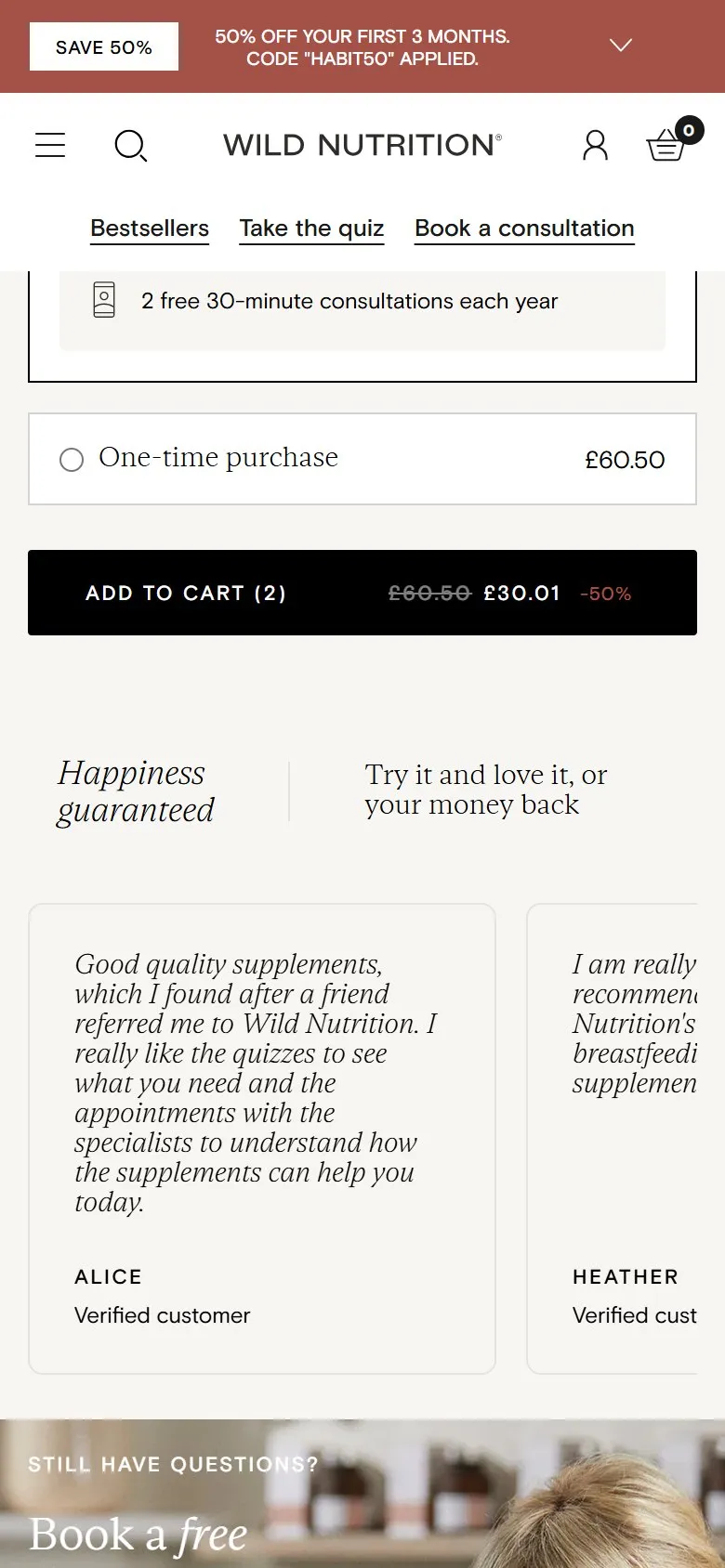 Wild Nutrition quiz, mobile screenshot: A guarantee and reviews directly under the add to basket button