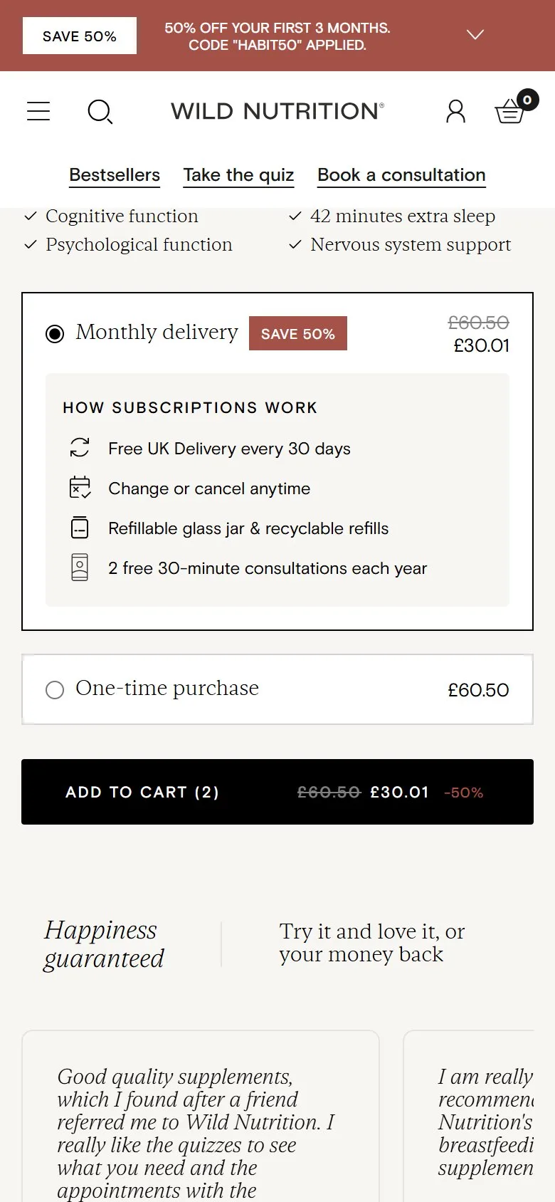 Wild Nutrition quiz, mobile screenshot: Subscription selected by default, with the benefits explained
