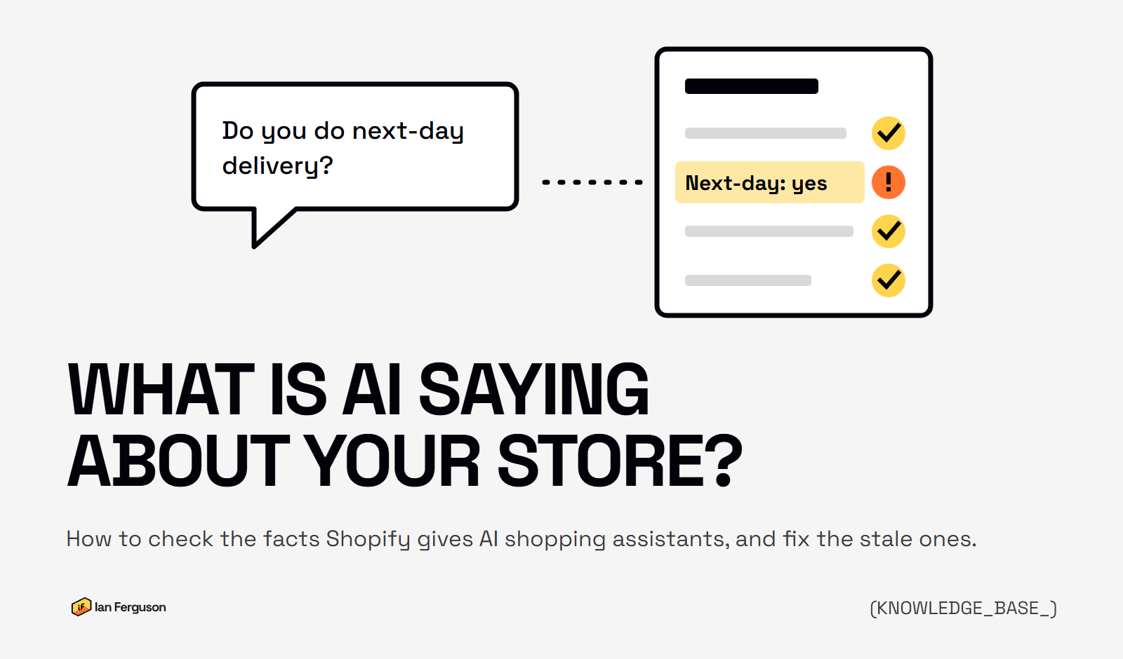 What is AI saying about your store? A chat bubble asks Do you do next-day delivery, and a dotted line leads to a card of store facts: three are ticked and the one reading Next-day: yes is flagged