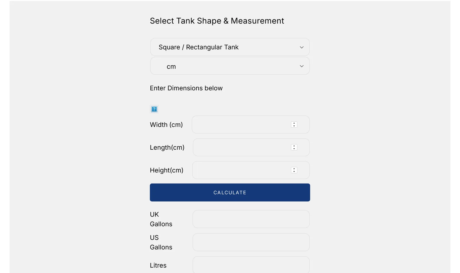 Aquacadabra's fish tank volume calculator: a tank shape dropdown, a units dropdown, width, length and height fields, a Calculate button, and results in UK gallons, US gallons and litres