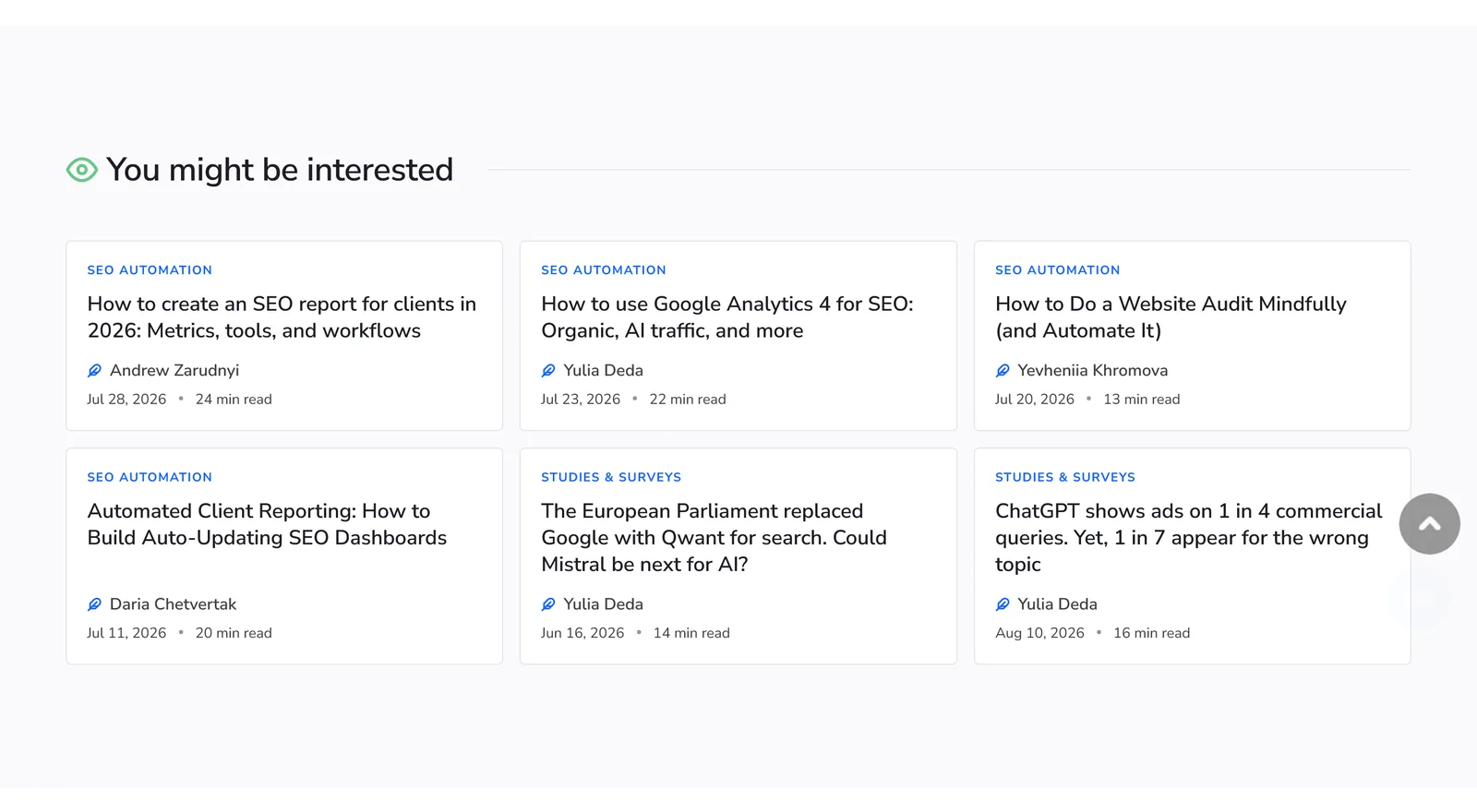 The You might be interested block at the foot of an SE Ranking blog post: six related articles as cards, each with a category, title, author and date