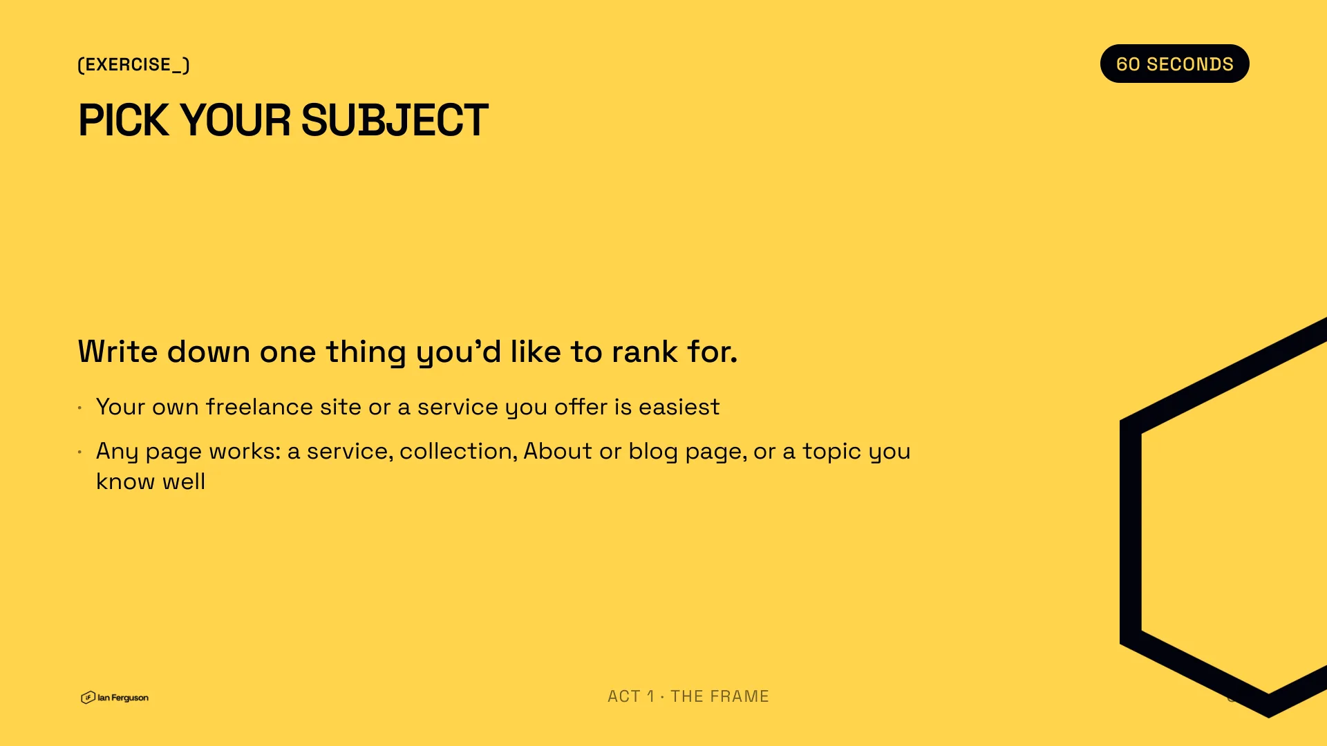 Slide 4 of 34: Exercise, 60 seconds: pick your subject. Write down one thing you'd like to rank for