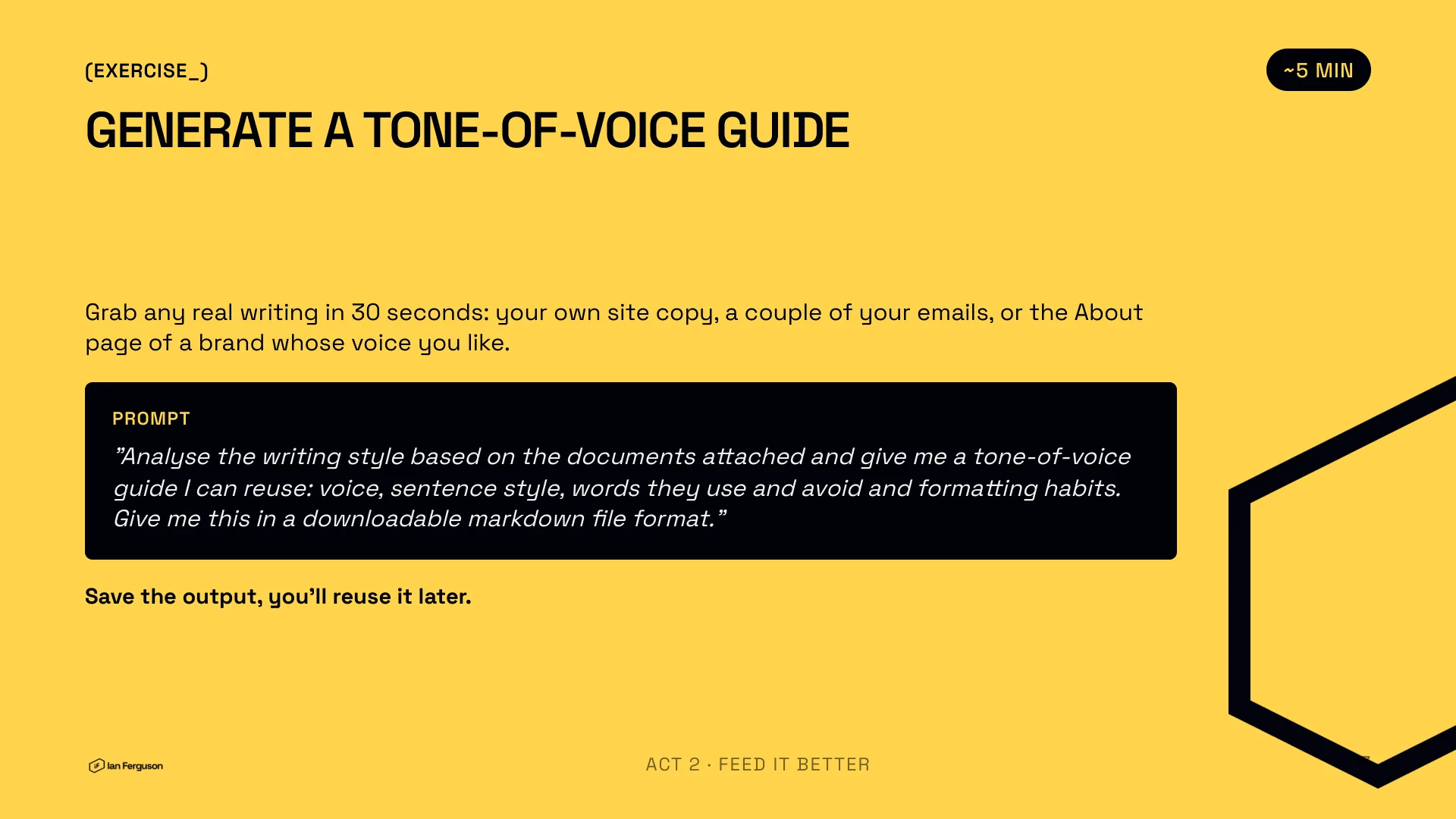 Slide 10 of 34: Exercise, about five minutes: generate a tone-of-voice guide with one prompt