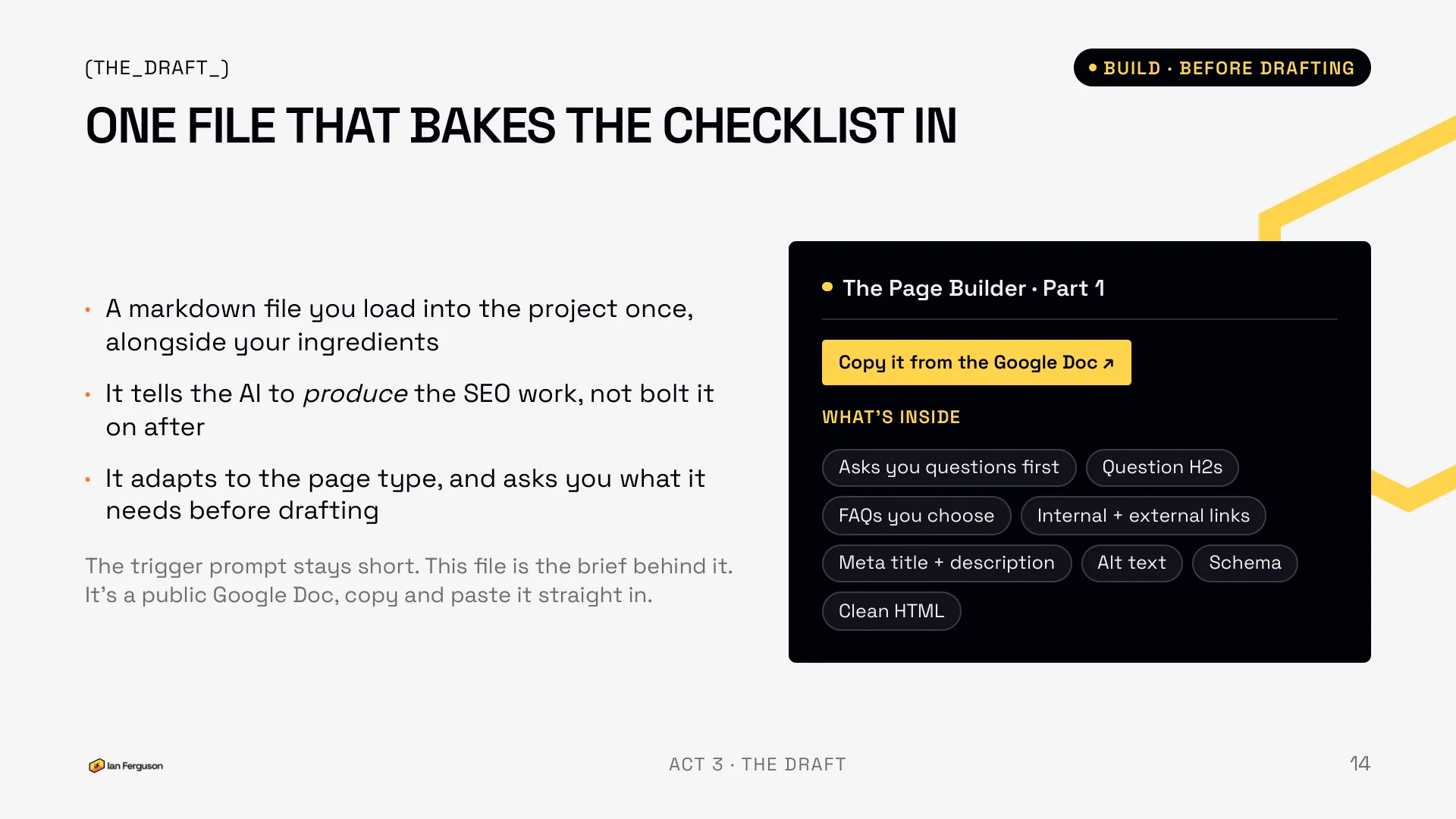 Slide 14 of 34: One file that bakes the checklist in: The Page Builder, loaded into the project alongside your ingredients