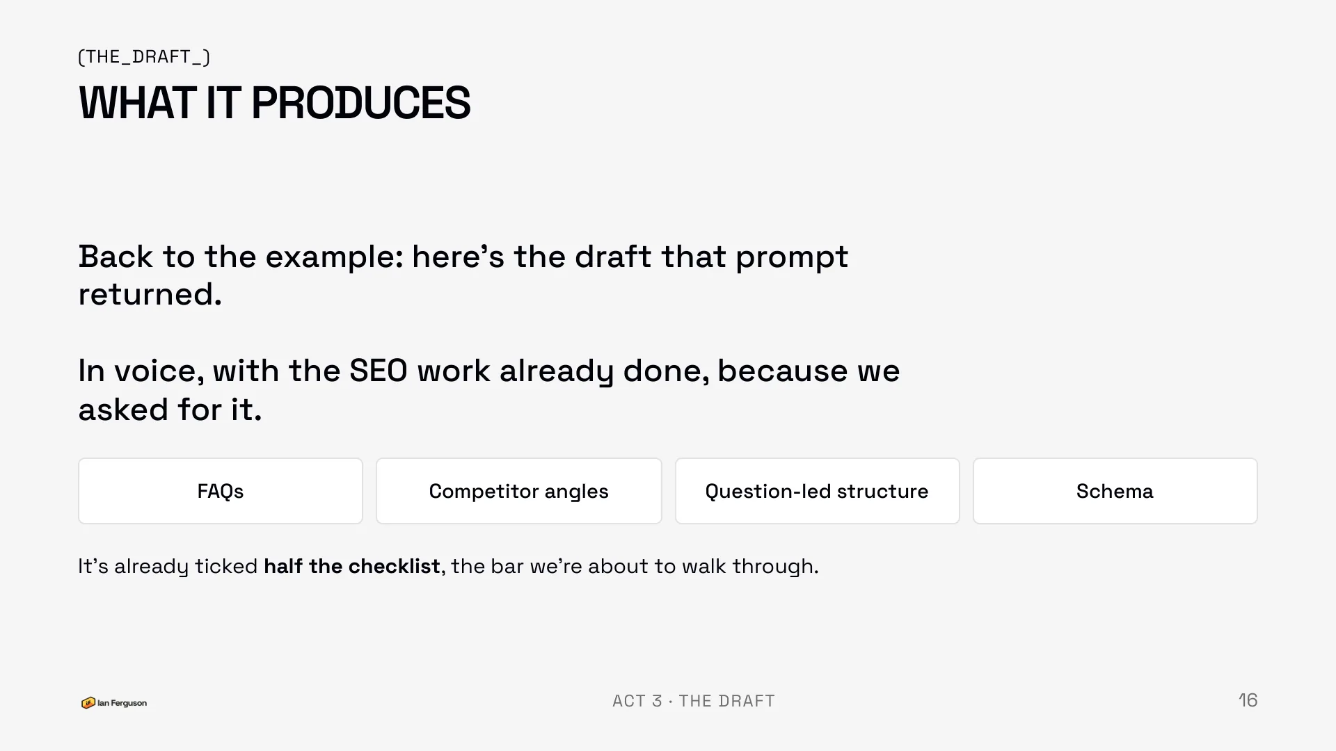 Slide 16 of 34: What it produces: the draft in voice, with FAQs, question-led structure, schema, meta and clean HTML