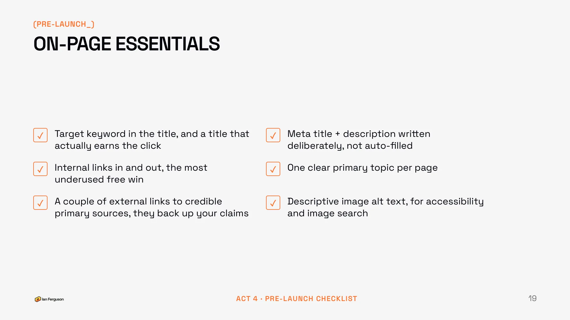 Slide 19 of 34: Pre-launch checklist: on-page essentials