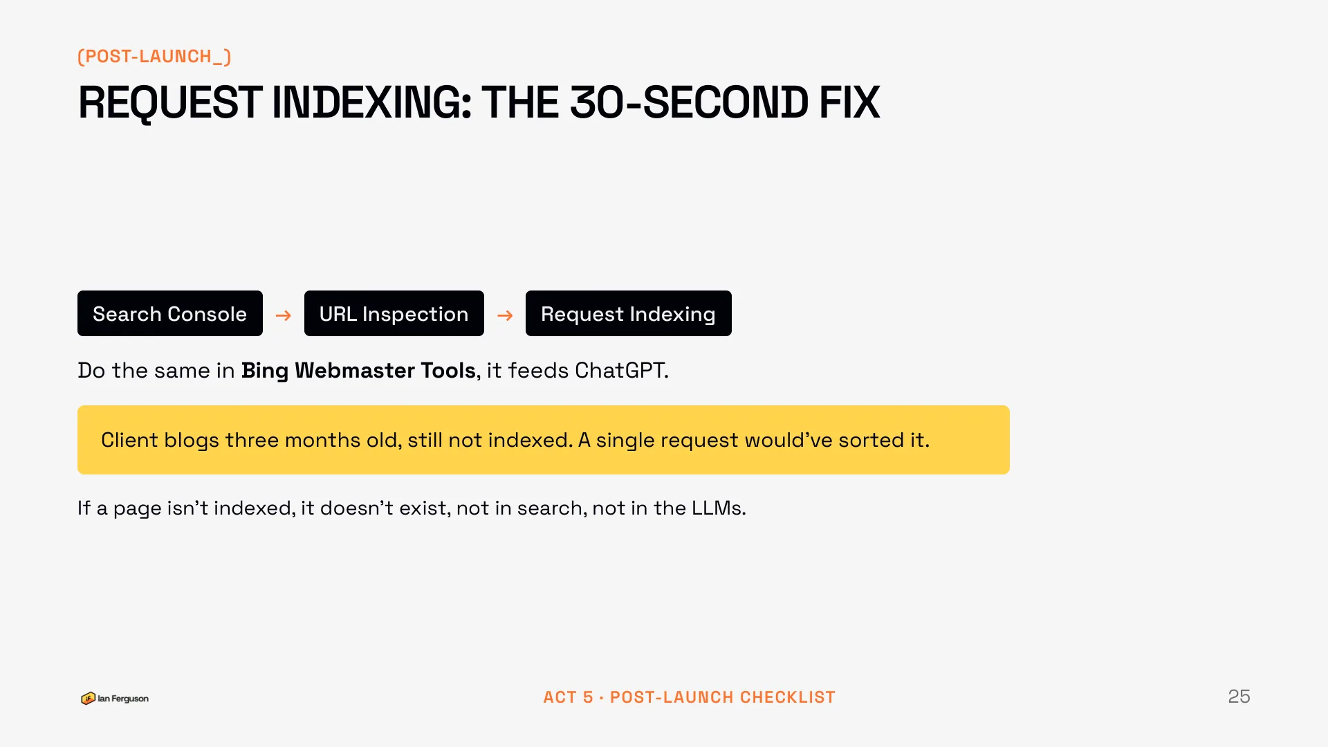 Slide 25 of 34: Post-launch checklist: request indexing, the 30-second fix, in Google and Bing