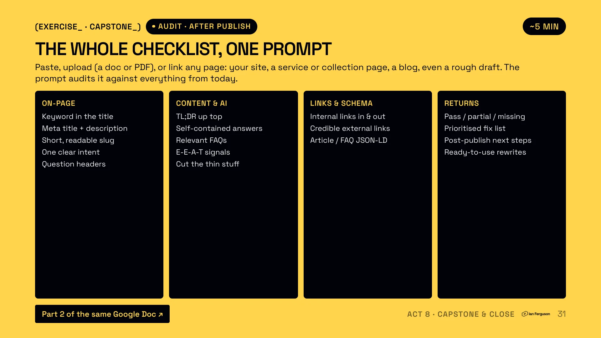 Slide 31 of 34: Capstone exercise, about five minutes: the whole checklist, one prompt. Paste, upload or link any page and audit it