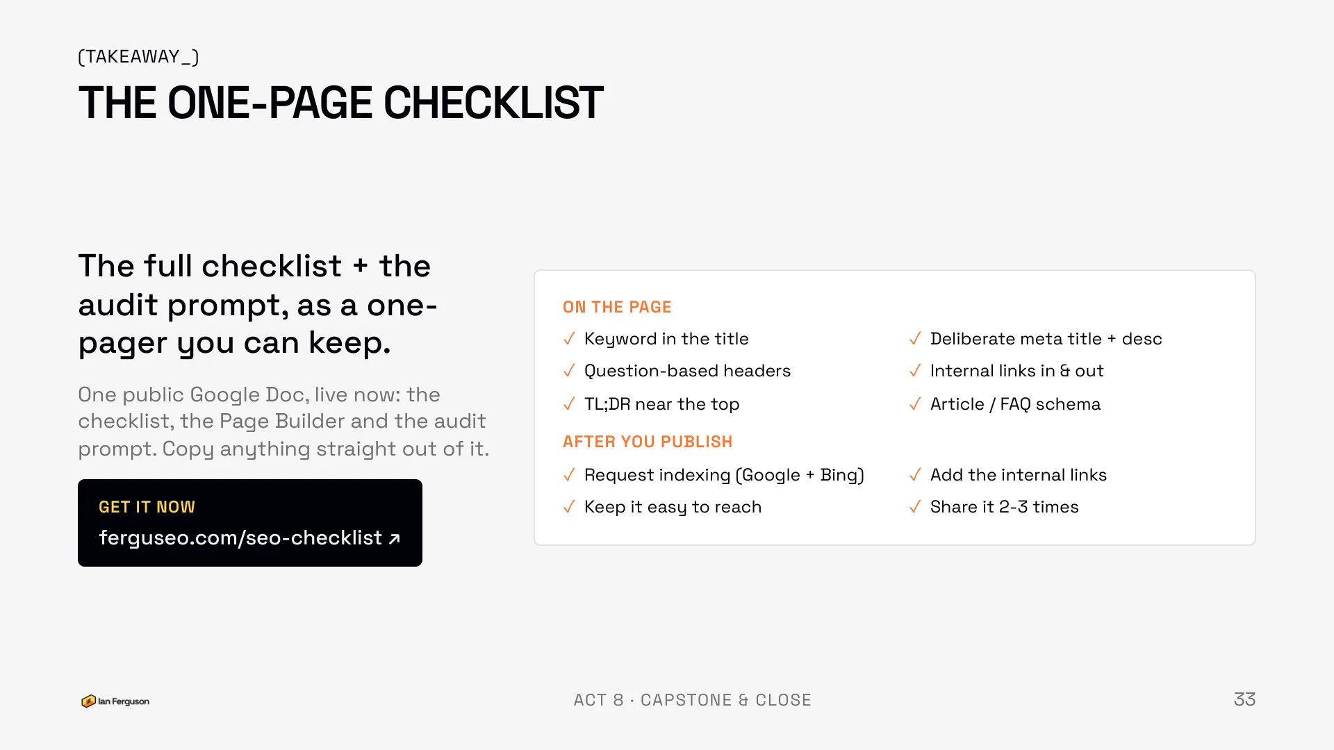 Slide 33 of 34: The one-page checklist: on the page, and after you publish