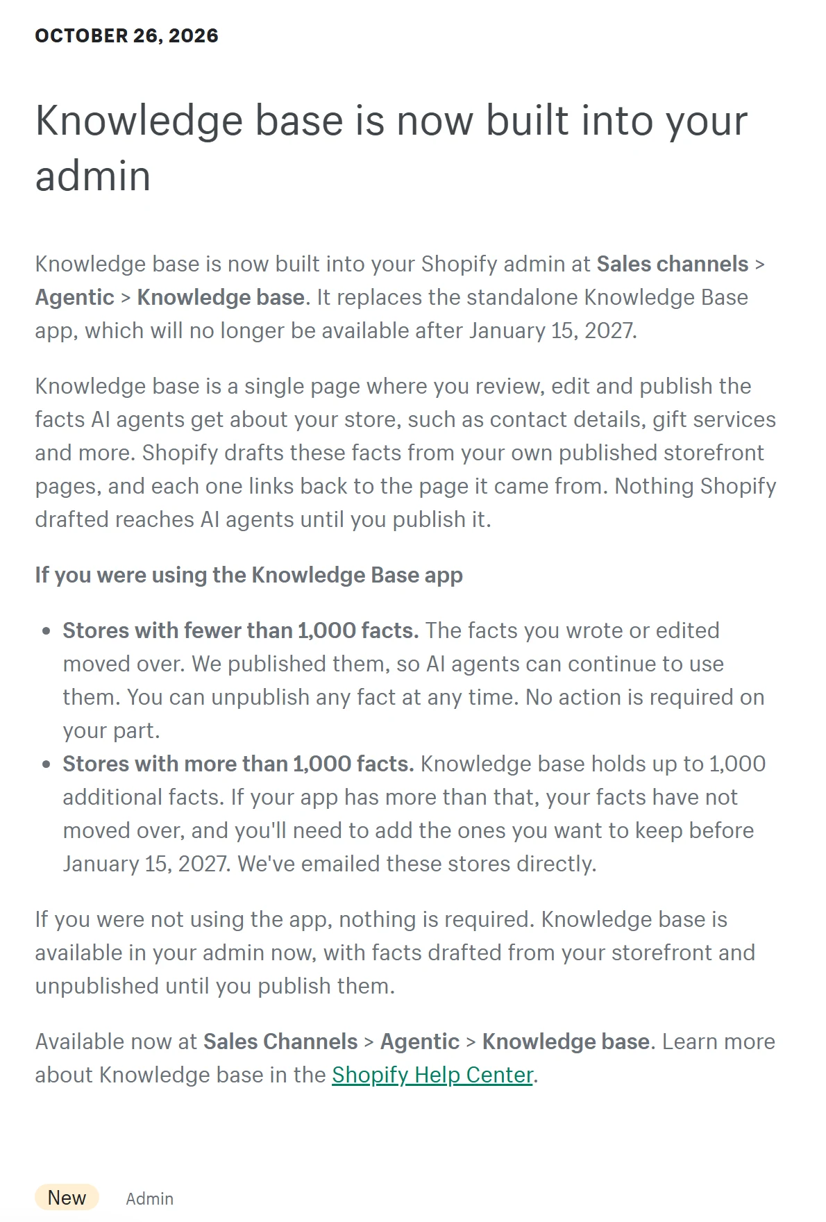 Shopify's changelog entry dated 26 October 2026, headed Knowledge base is now built into your admin, explaining that it replaces the Knowledge Base app, which won't be available after 15 January 2027