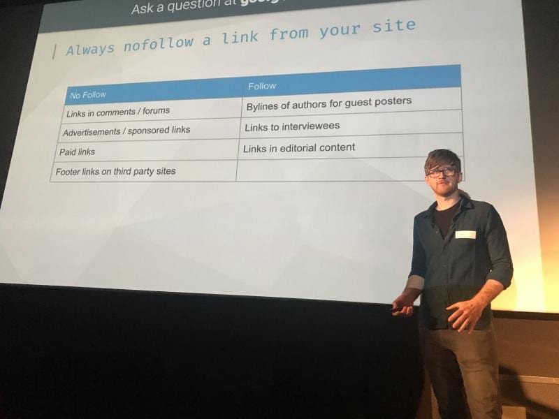 Ian Ferguson on stage at Tyneside Cinema talking about when to nofollow a link